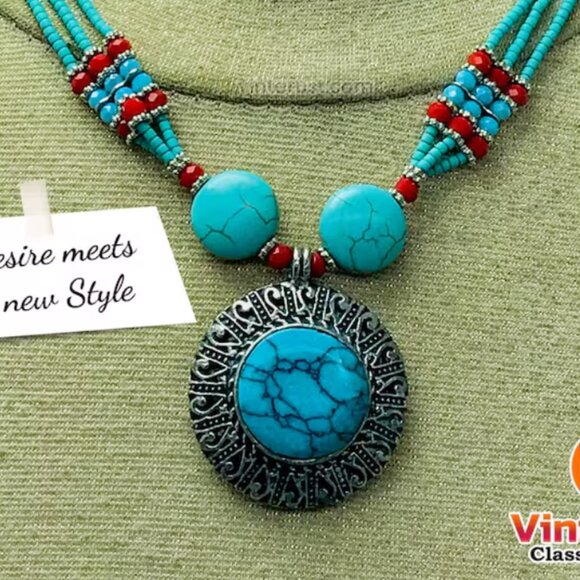 Beaded Multilayers Chain Necklace With Pendant, Ethnic Statement Necklaces - Picture 5 of 12